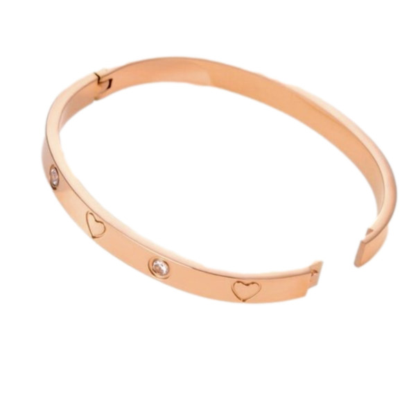 Gold Plated Stainless Steel Bangle with Cubic Zirconia and Engraved Hearts - Picture 2 of 4